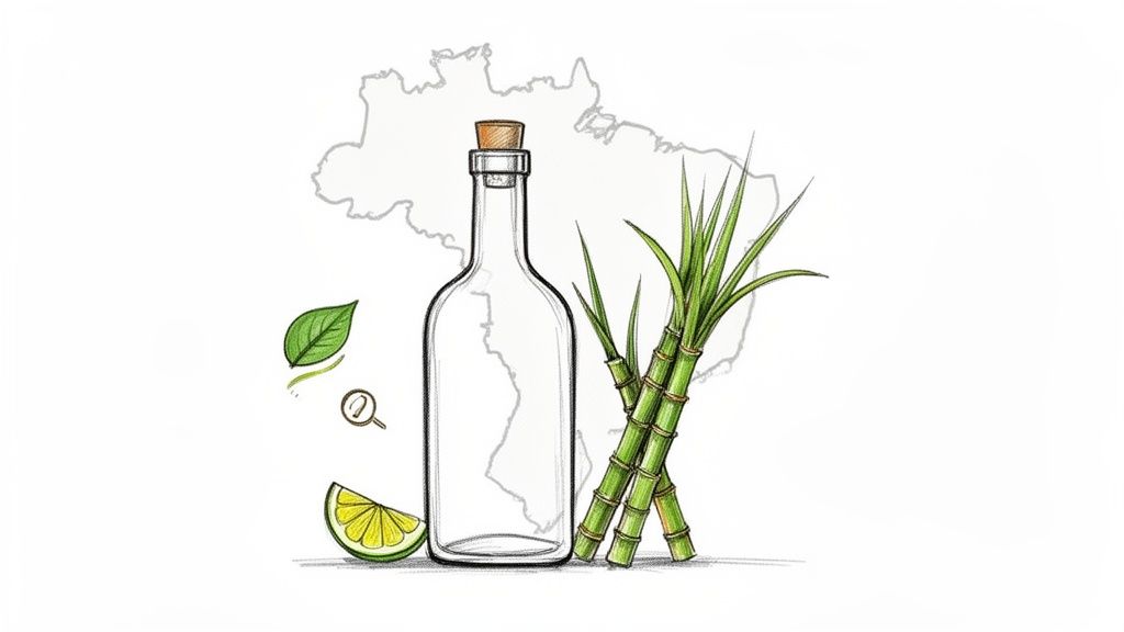 Szkic butelki z korkiem, trzciny cukrowej, limonki i liścia na tle mapy Brazylii, symbolizujący składniki cachaça.