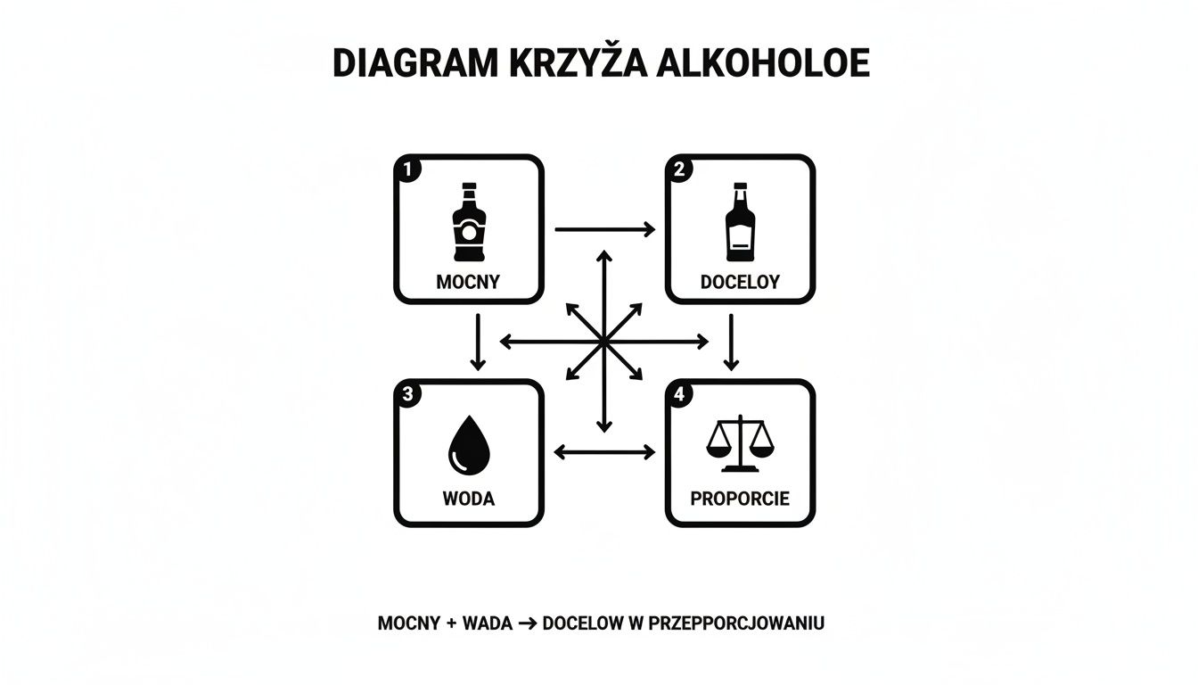 Diagram krzyża alkoholowego przedstawiający rozcieńczanie mocnego alkoholu wodą w celu uzyskania docelowych proporcji.