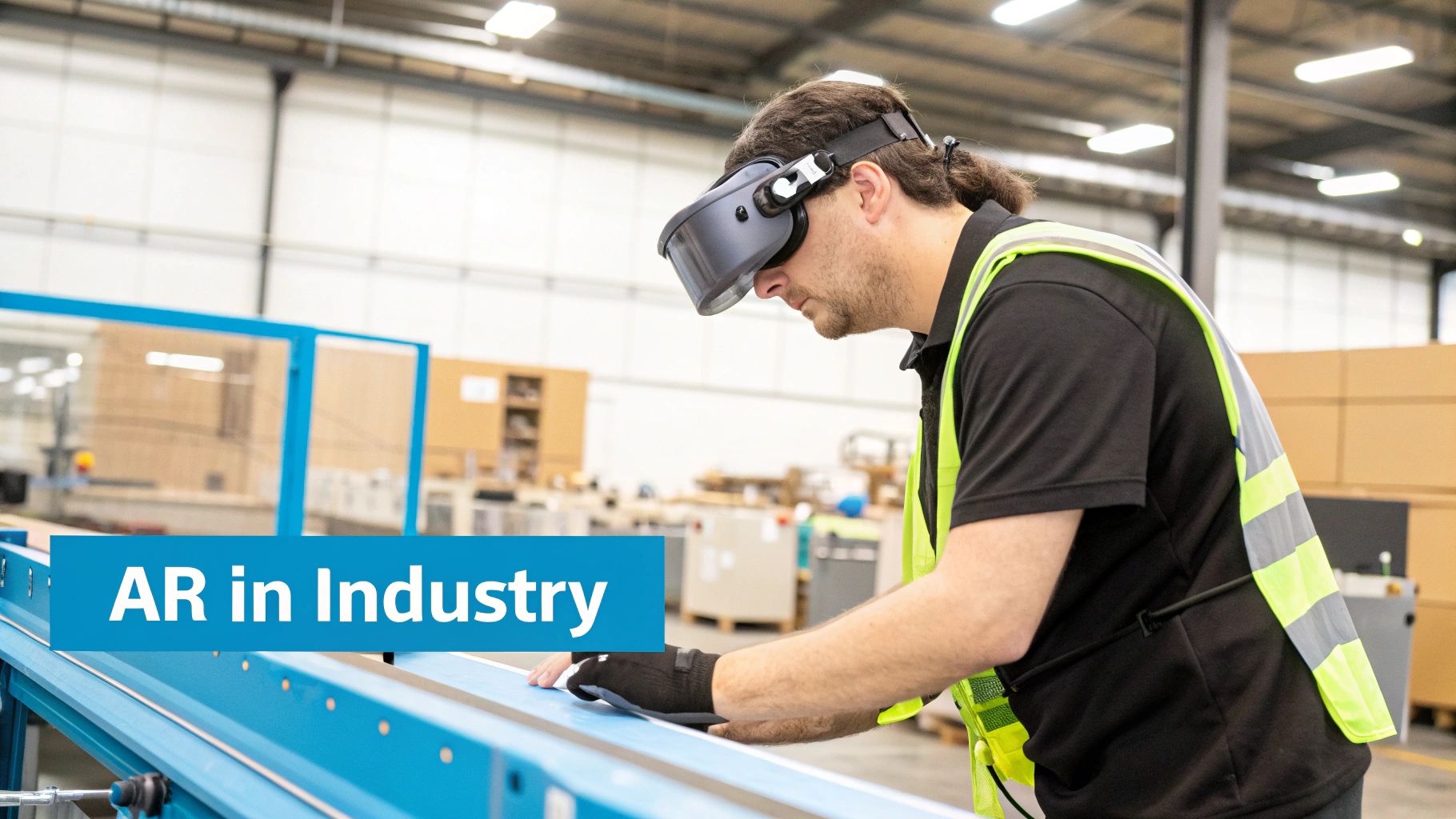 A man in a high-visibility vest and AR headset works on machinery in a factory.