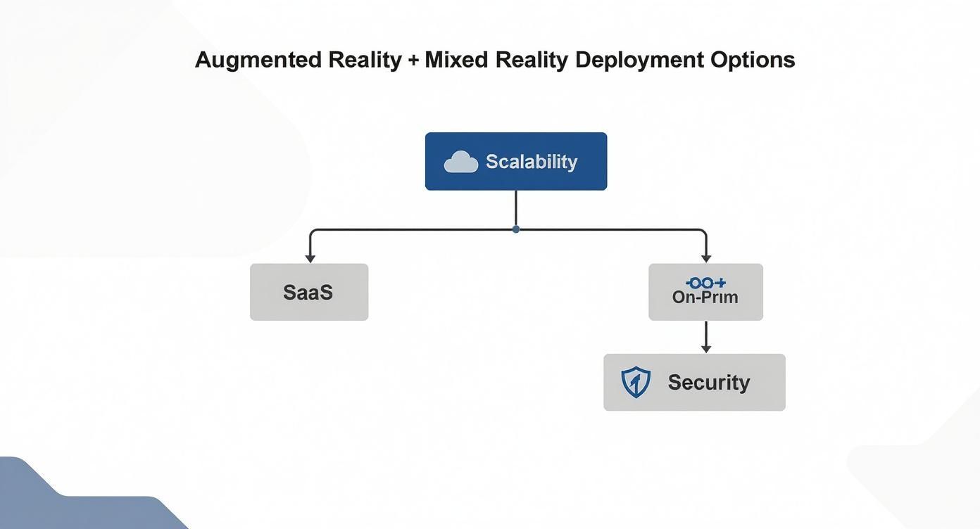 Flowchart showing augmented reality and mixed reality deployment options with scalability, SaaS, on-premises, and security paths