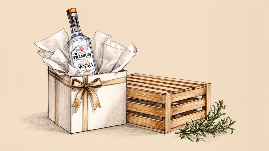 Pudełko prezentowe z butelką wódki Premium, drewnianą skrzynką i gałązką rozmarynu na beżowym tle.