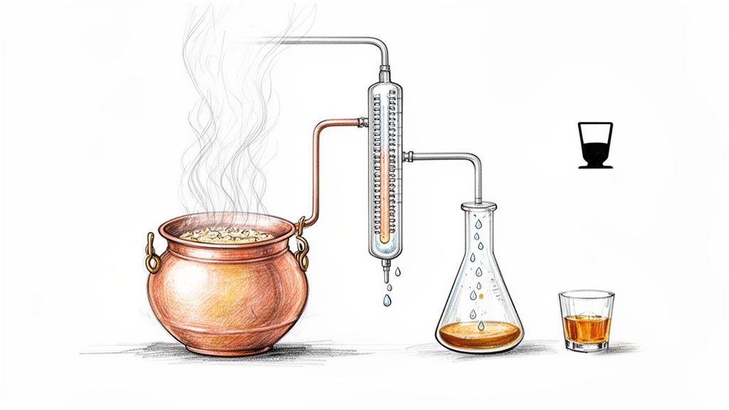 Ilustracja przedstawiająca proces destylacji alkoholu. Miedziany kocioł, skraplacz, kolba i szklanka z bursztynowym trunkiem.