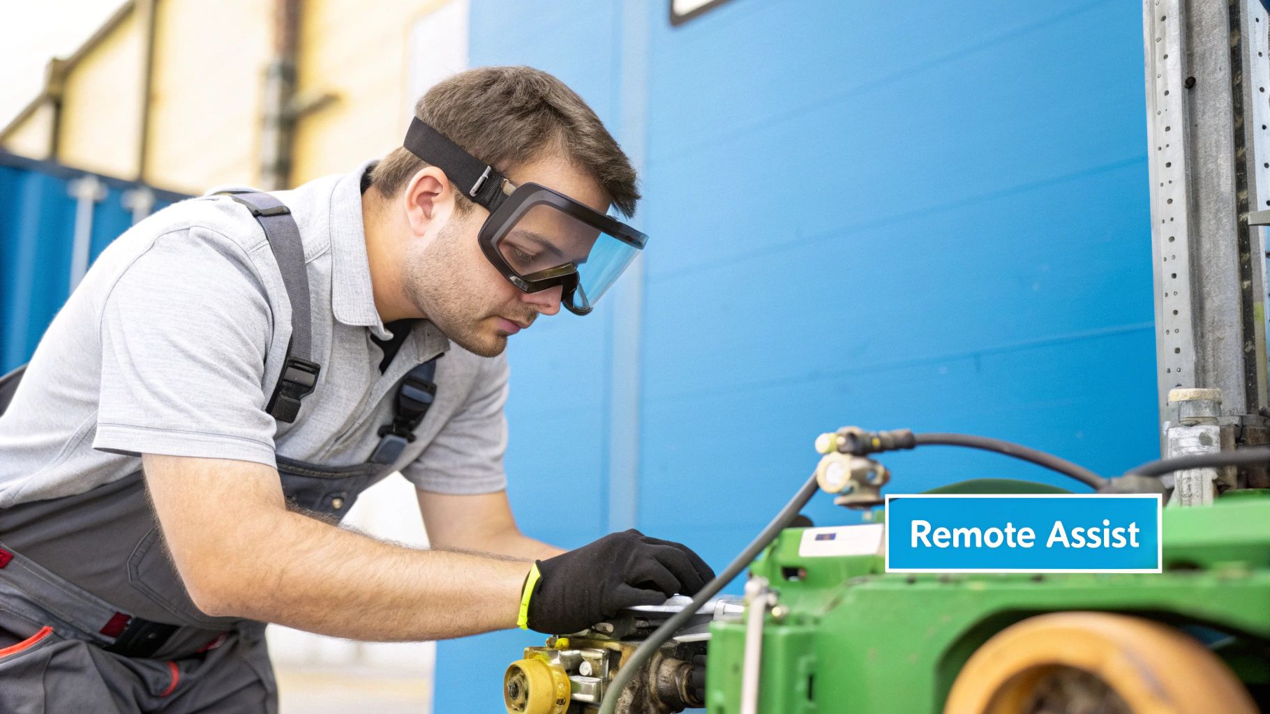 A field technician using smart glasses to get remote assistance from an expert in an industrial setting.