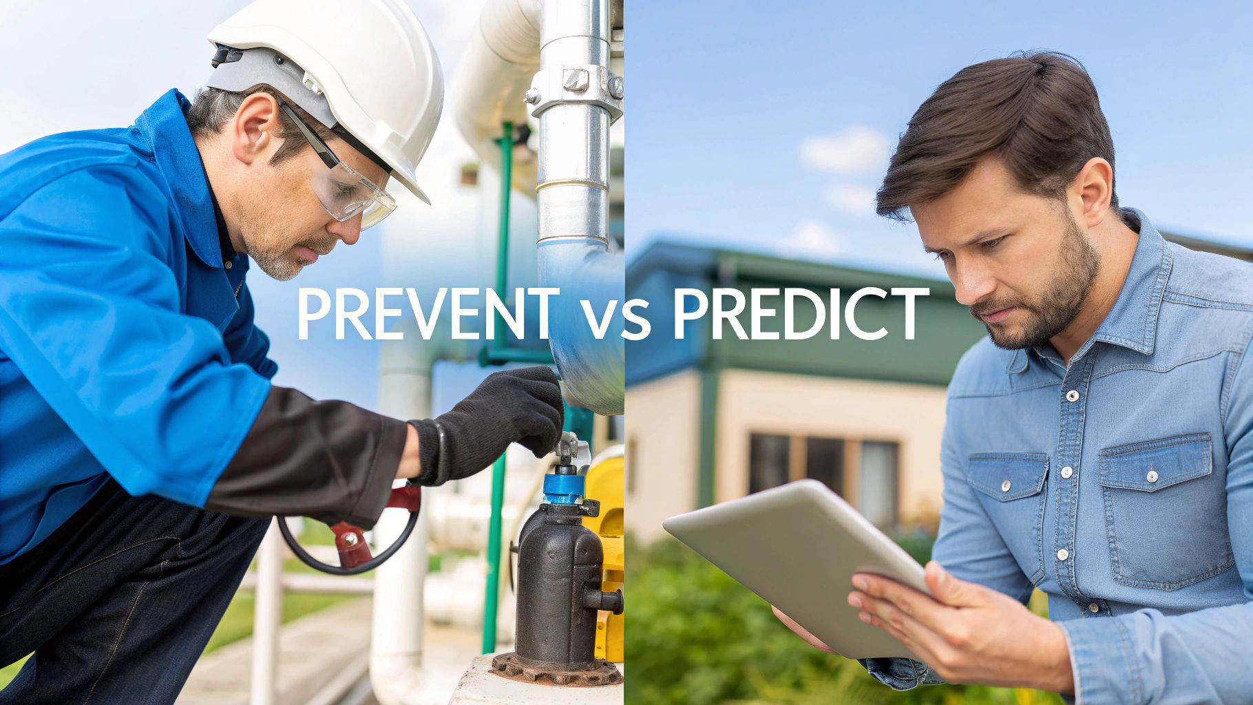 A worker performs preventative maintenance on industrial pipes, while another uses a tablet for predictive analytics.