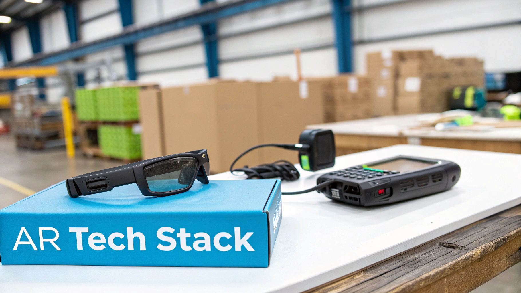 AR glasses on a blue 'AR Tech Stack' box next to an industrial handheld device in a warehouse.