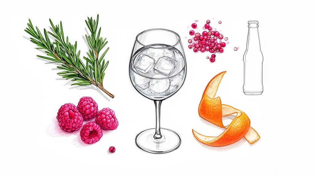 Rysunek przedstawiający składniki do koktajlu gin z tonikiem: rozmaryn, maliny, różowy pieprz, skórka pomarańczowa, szklanka z lodem i butelka.