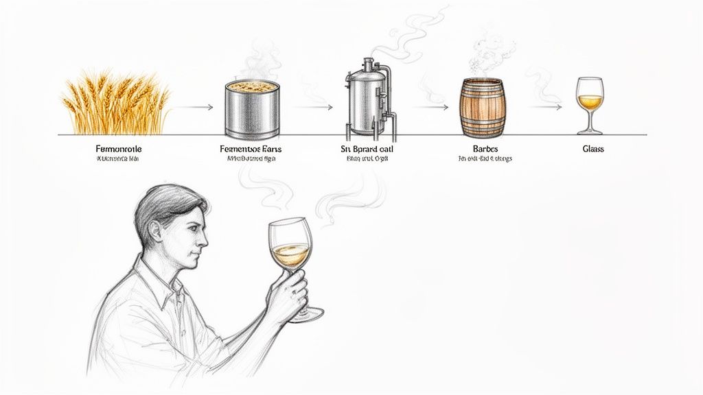 Diagram procesu destylacji od ziarna do szklanki, z mężczyzną oceniającym napój.