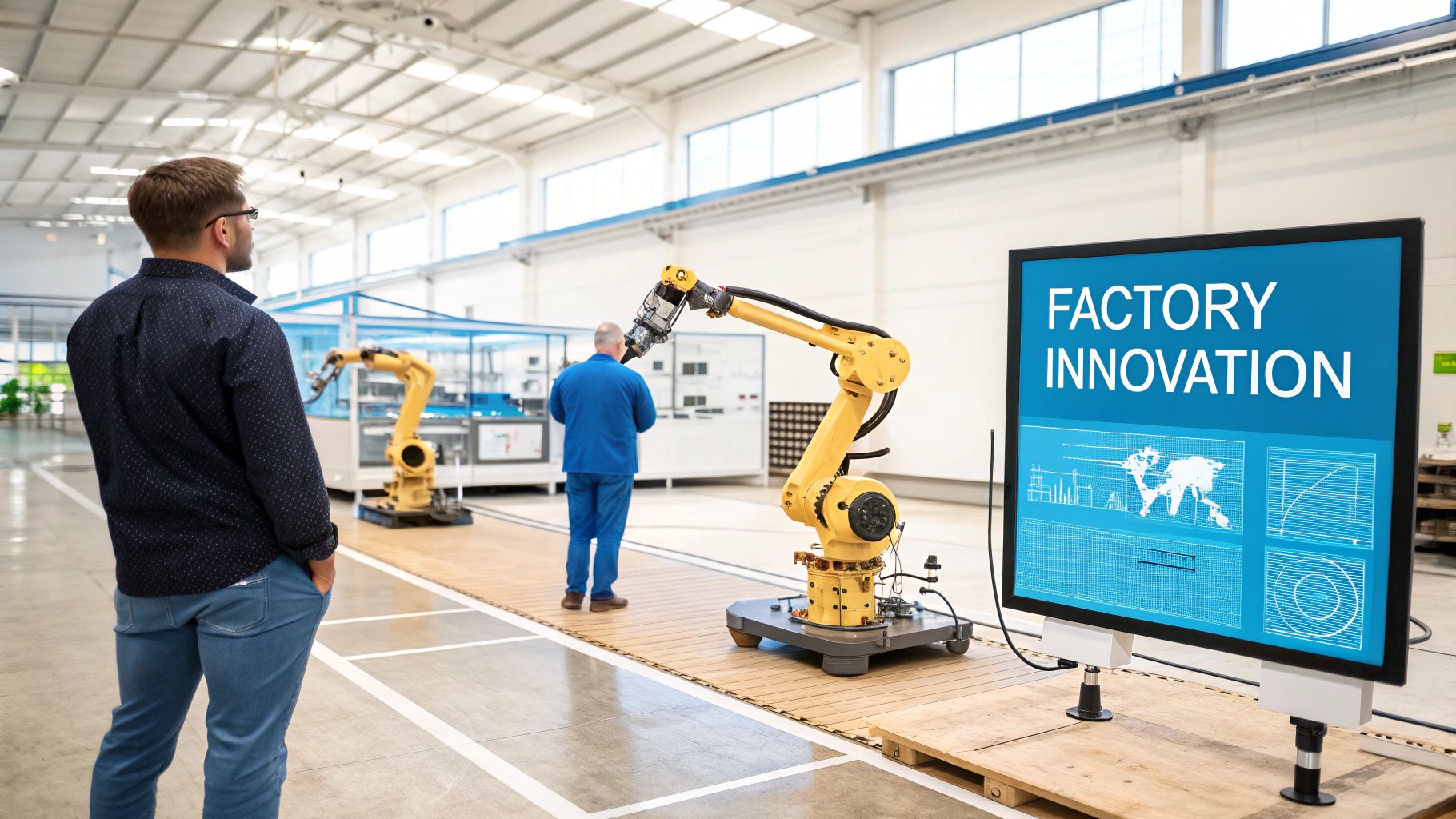 A worker using AR glasses in a modern manufacturing facility