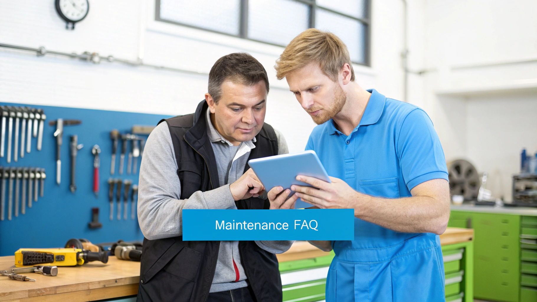 Two mechanics in a workshop looking at a digital tablet, with a blue 'Maintenance FAQ' banner.