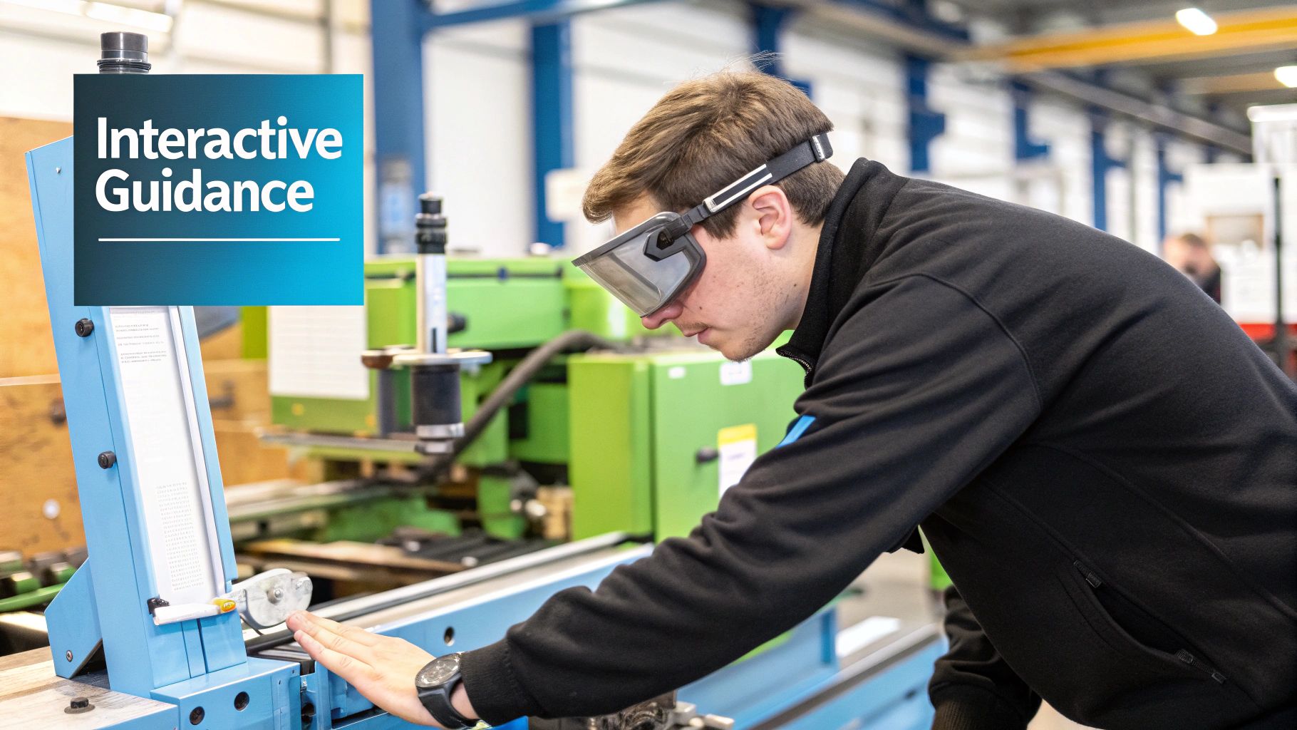 An operator uses an AR-enabled device to view overlaid instructions on a piece of machinery.