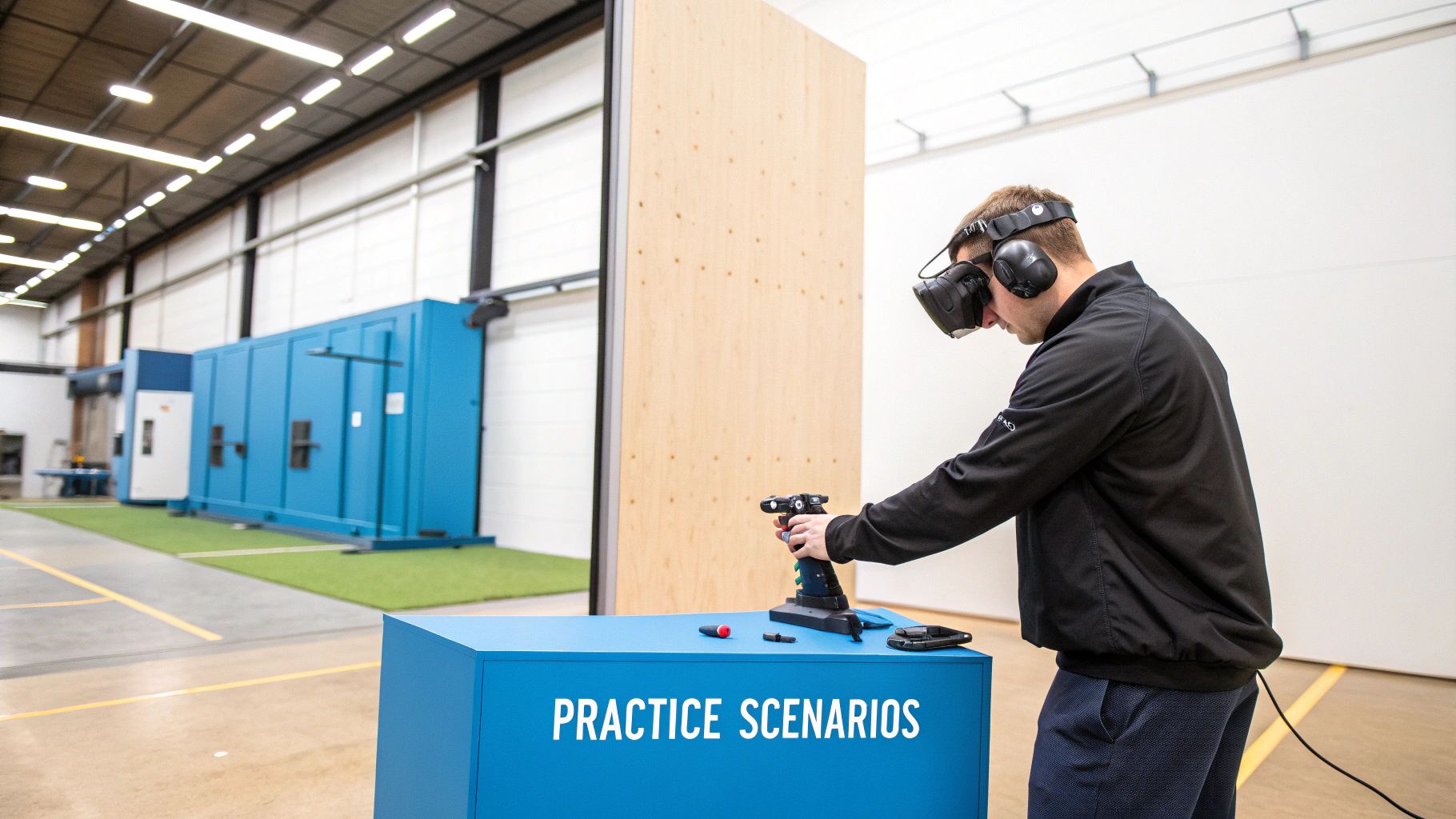 A man wearing a VR headset and headphones uses a virtual reality controller for practice scenarios.