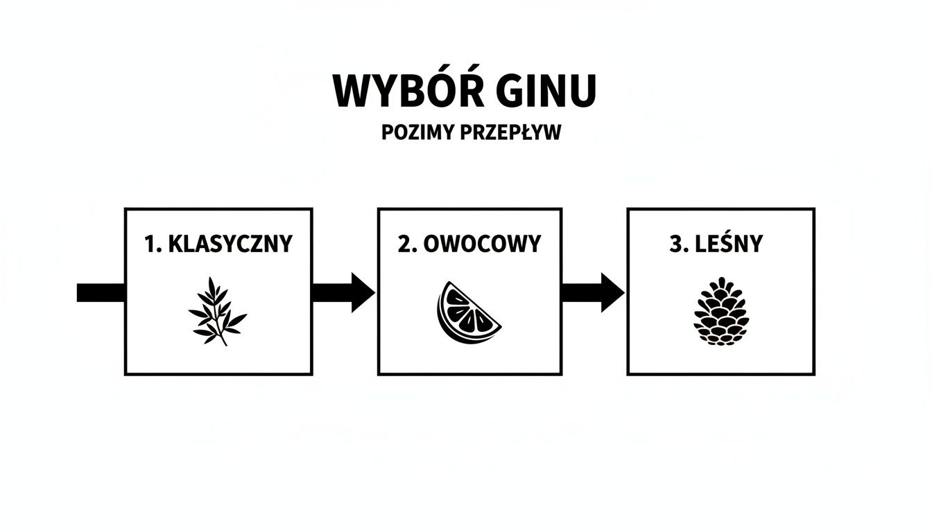 Diagram przedstawiający trzy etapy wyboru ginu: klasyczny, owocowy i leśny, z ikonami botanicznymi.