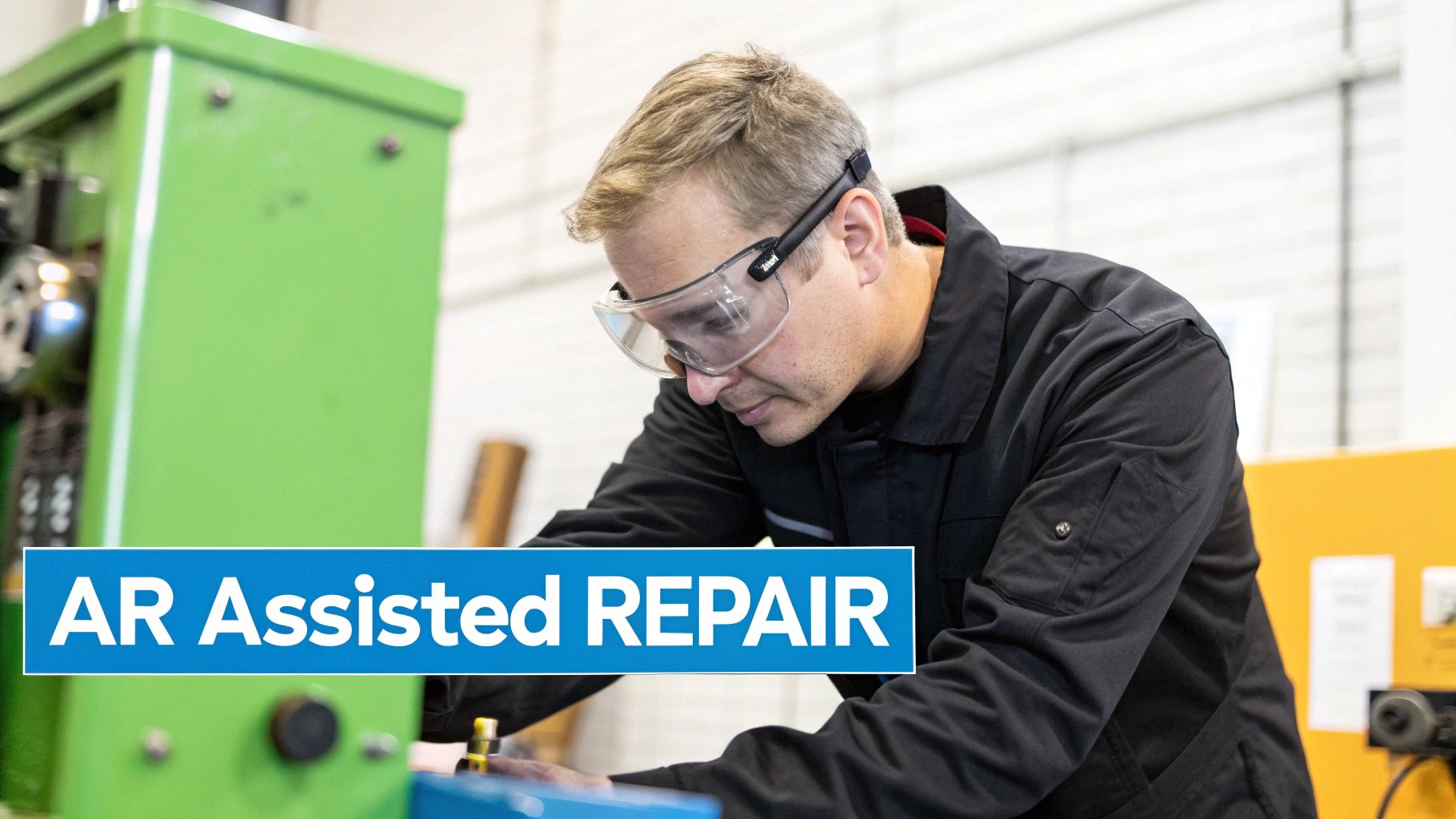 A man in safety glasses working on green industrial machinery with an 'AR Assisted REPAIR' overlay.