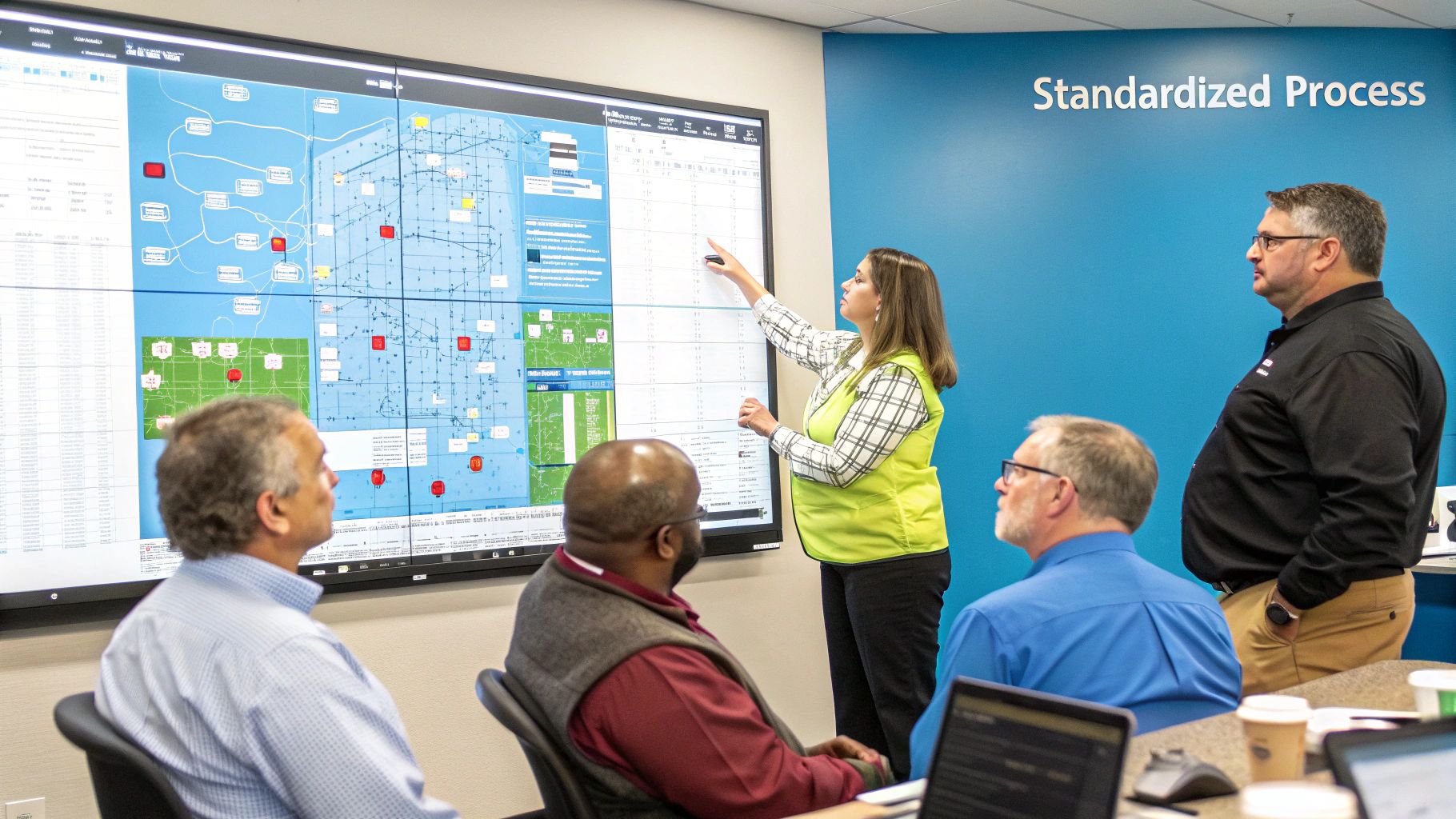 A team of engineers collaborates in a modern manufacturing facility.