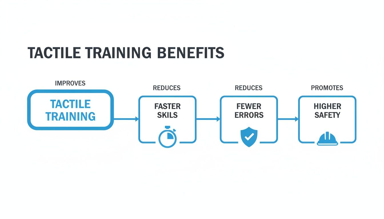 A flowchart illustrates how tactile training improves faster skills, reduces errors, and promotes higher safety.