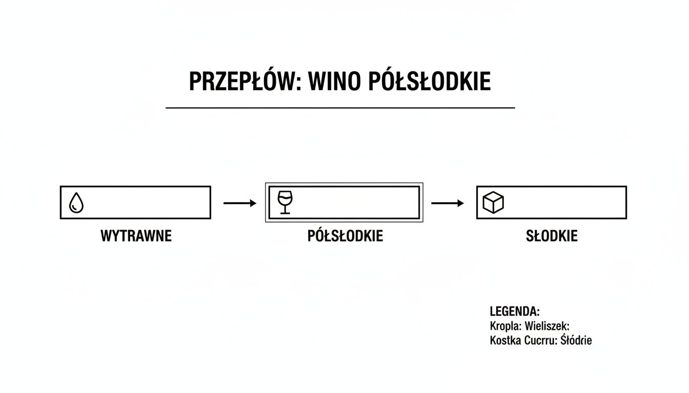 Diagram przedstawiający przepływ od wina wytrawnego, przez półsłodkie, do słodkiego z ikonami.