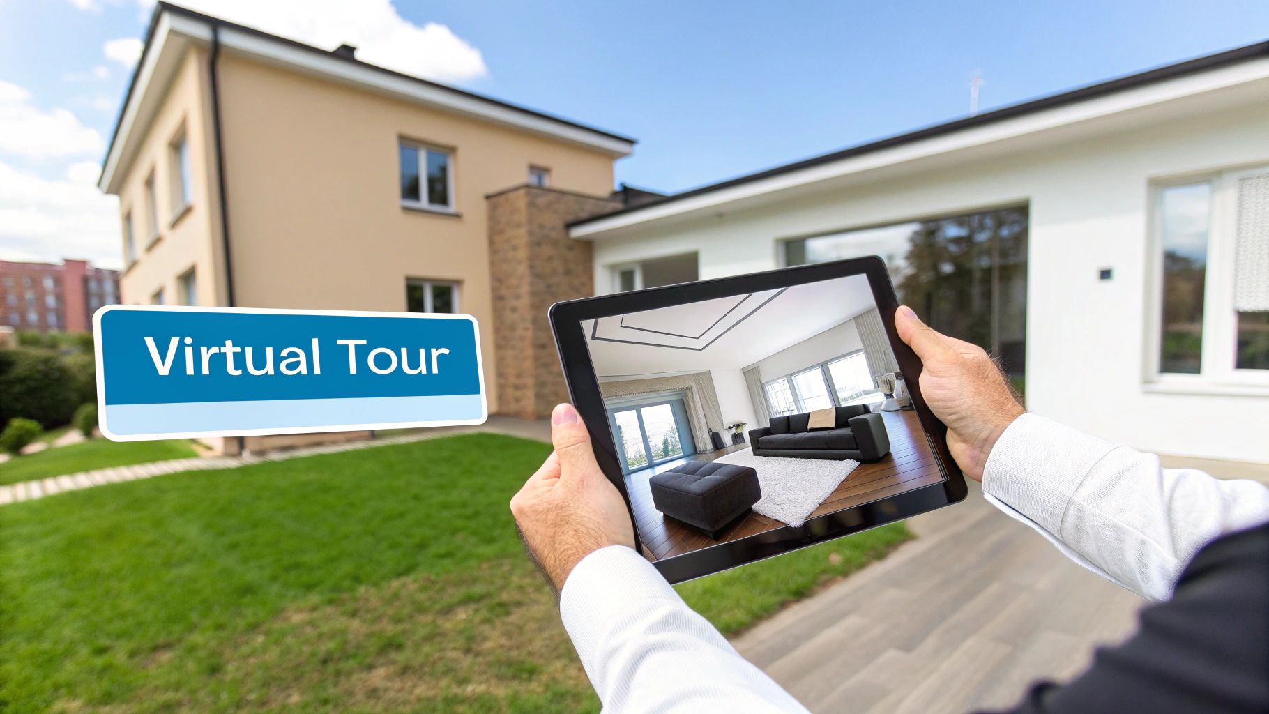 Person holding tablet showing virtual tour of modern house interior with augmented reality technology