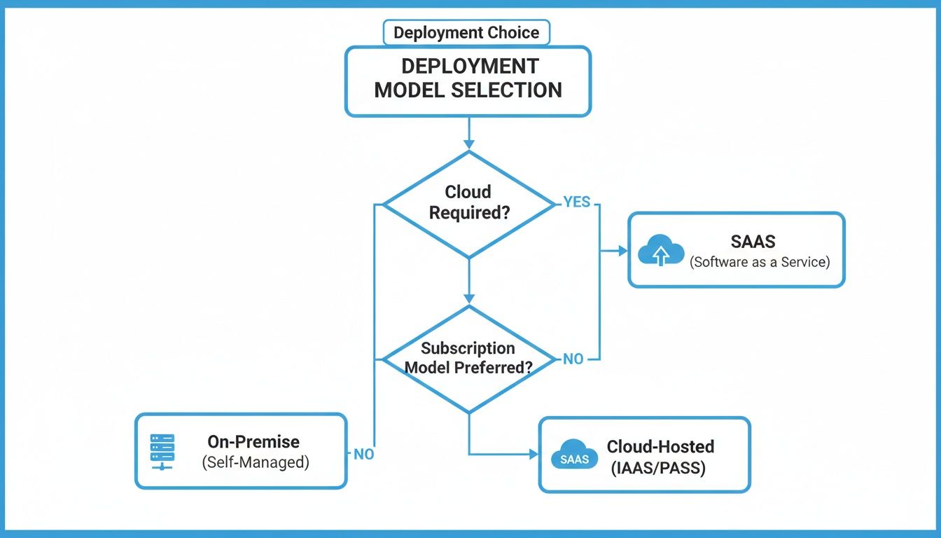 Flowchart illustrating deployment model selection for cloud-hosted, SaaS, and on-premise solutions.