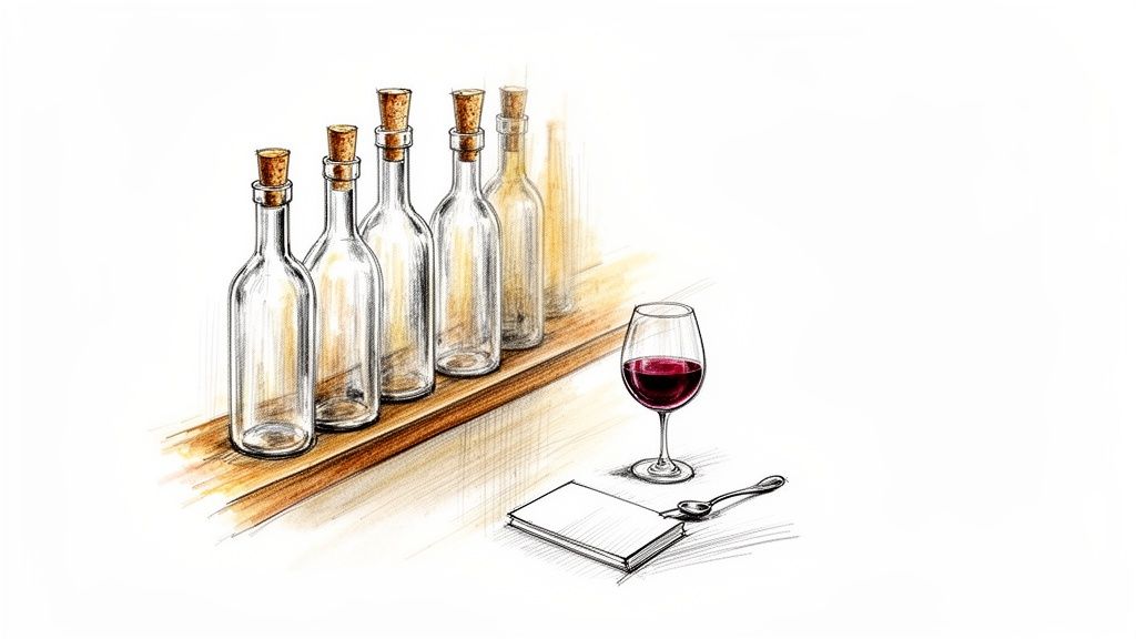 Szkic pustych butelek z korkami na drewnianej półce, obok kieliszek czerwonego wina i notes z łyżeczką.