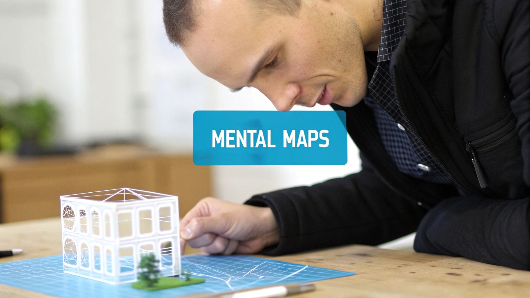 A man examines an architectural model of a building on a drafting mat, with 'MENTAL MAPS' overlay.