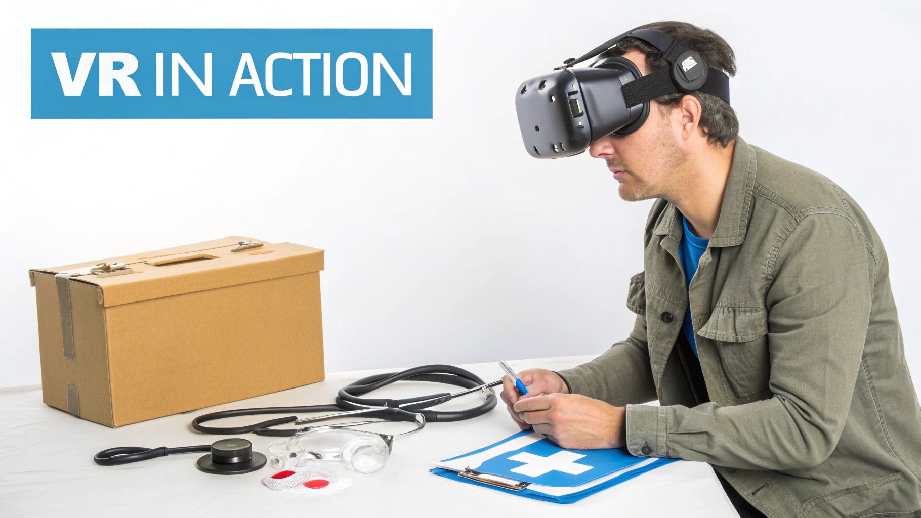 A person in a professional setting using a VR headset for an industrial training simulation.