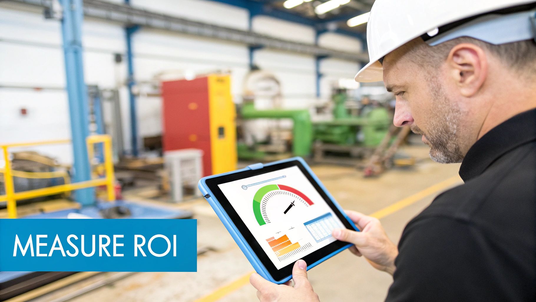 A man in a hard hat views performance data on a tablet in a manufacturing facility to measure ROI.