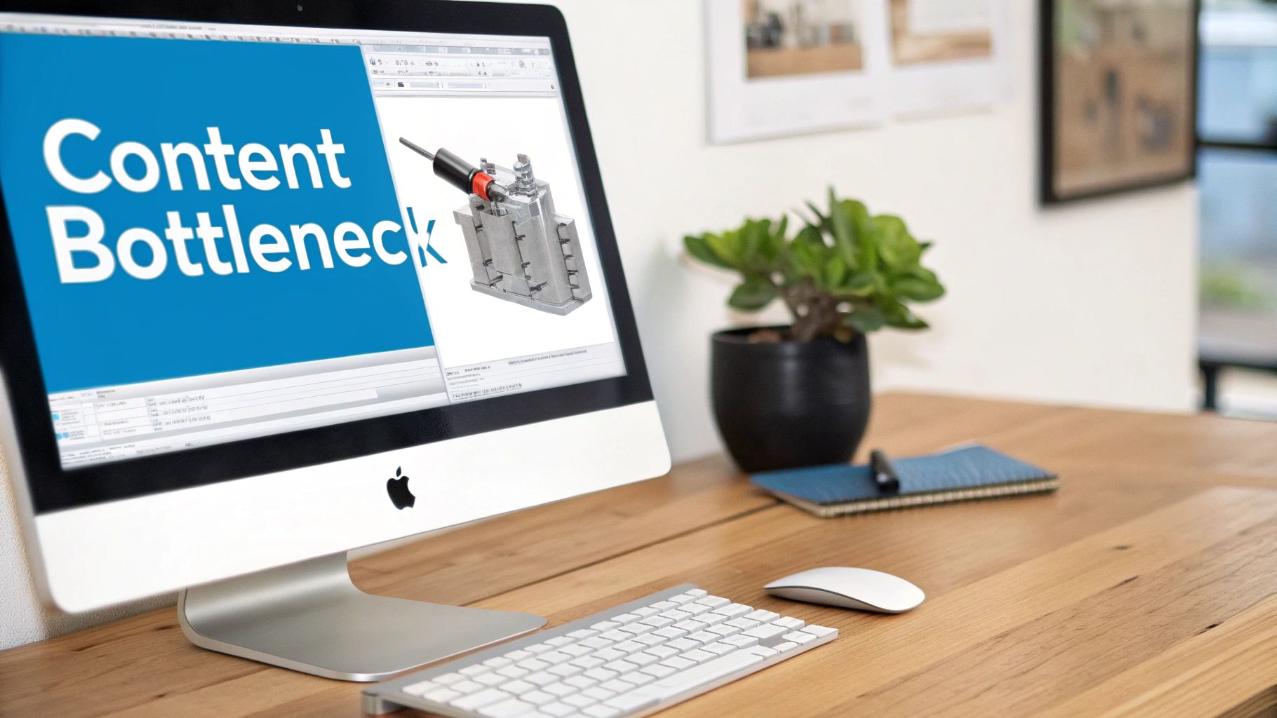 An Apple iMac displays 'Content Bottleneck' text and a mechanical 3D model on a wooden desk.