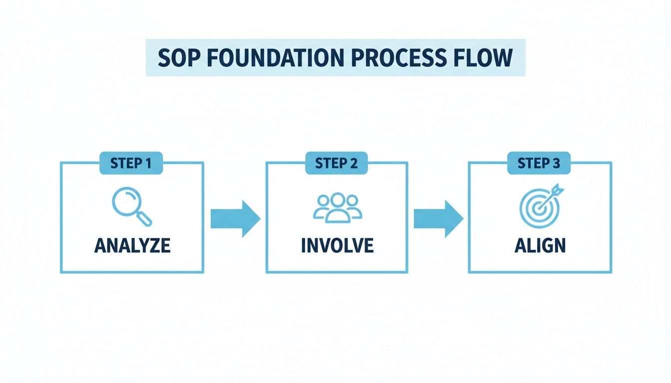An SOP Foundation Process Flow diagram illustrating three sequential steps: Analyze, Involve, and Align, each with a relevant icon.