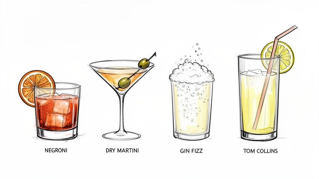 Ilustracja przedstawiająca cztery klasyczne koktajle: Negroni, Dry Martini, Gin Fizz i Tom Collins, z nazwami.