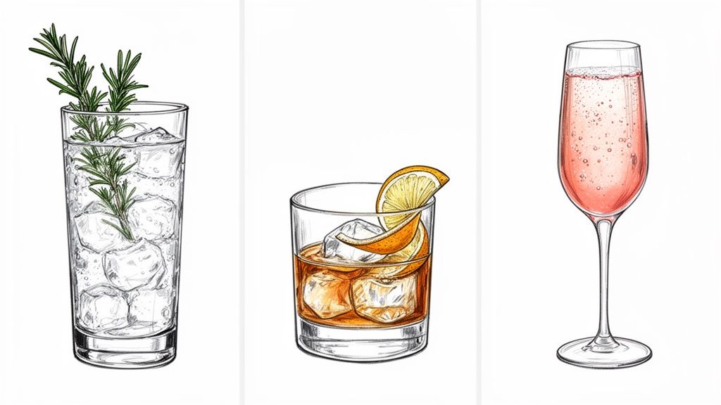 Trzy różne koktajle: przezroczysty z lodem i rozmarynem, bursztynowy z pomarańczą i różowy musujący w kieliszku.