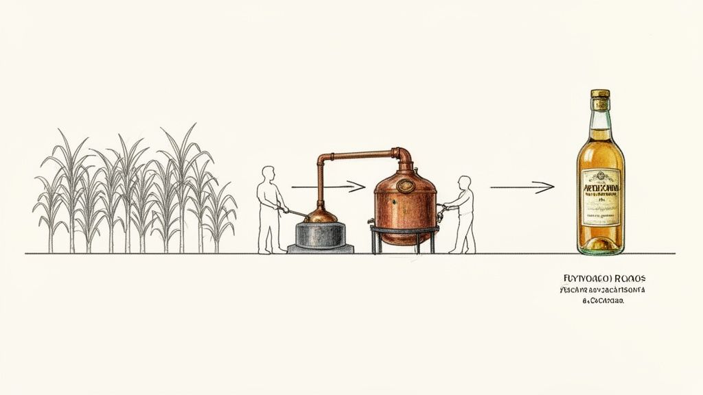 Ilustracja przedstawiająca proces produkcji trunku z trzciny cukrowej, od rośliny po butelkę, z destylacją.