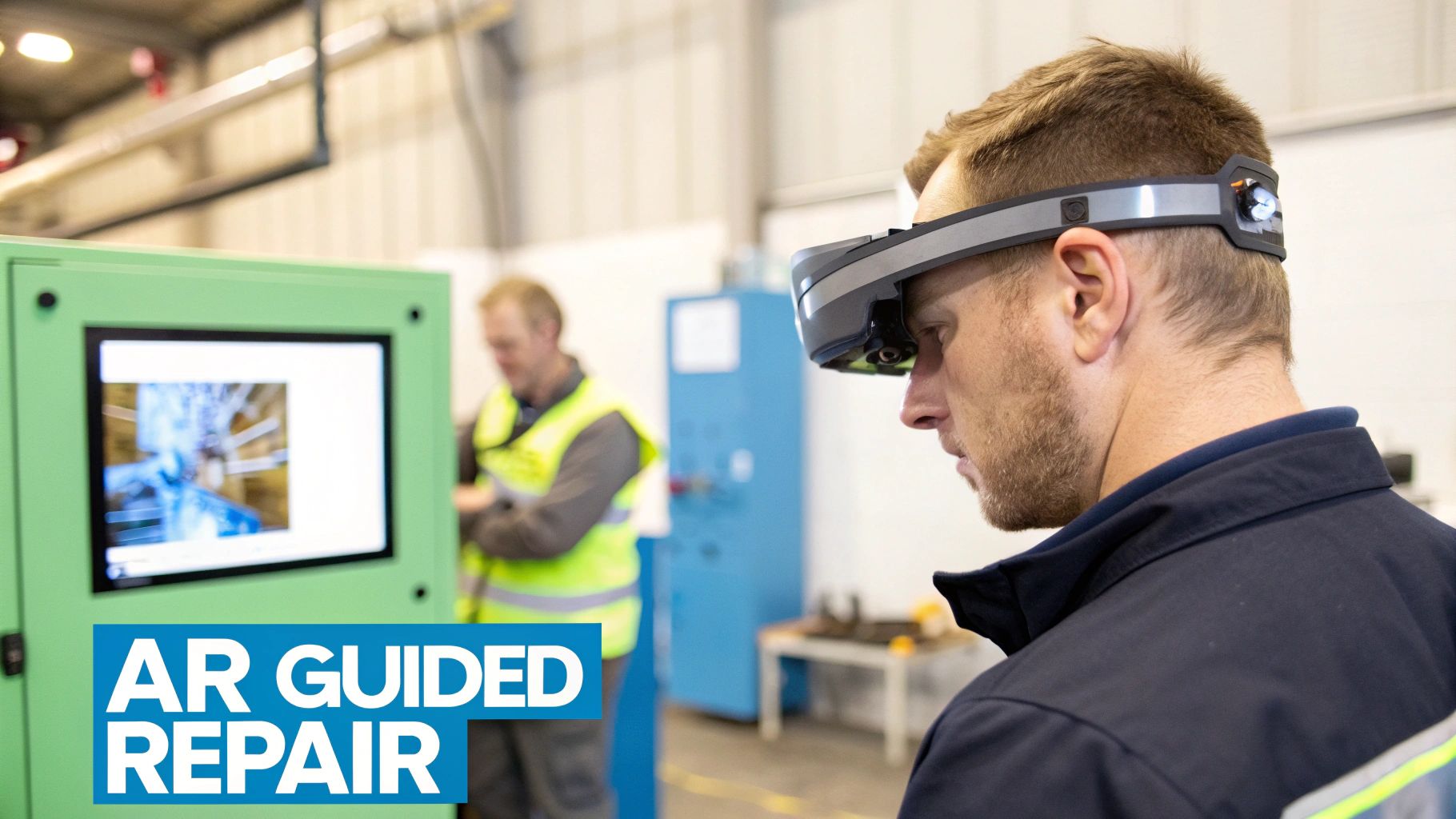 Man in a factory wears an AR headset for guided repair, with another worker nearby.