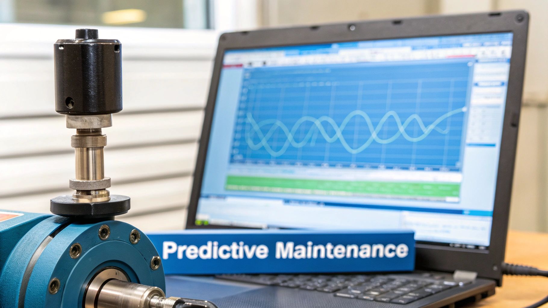 Industrial equipment with sensors connected to a laptop displaying data for predictive maintenance.