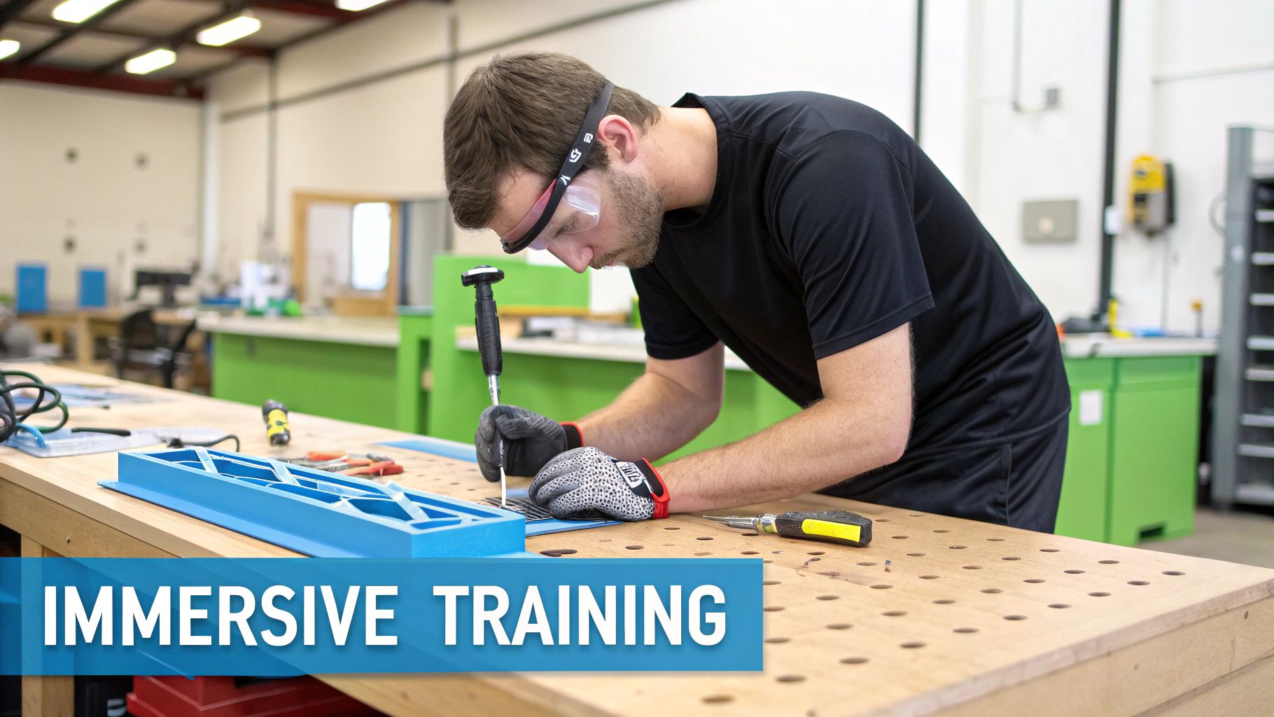 Man in safety goggles and gloves uses a tool at a workbench during immersive training.