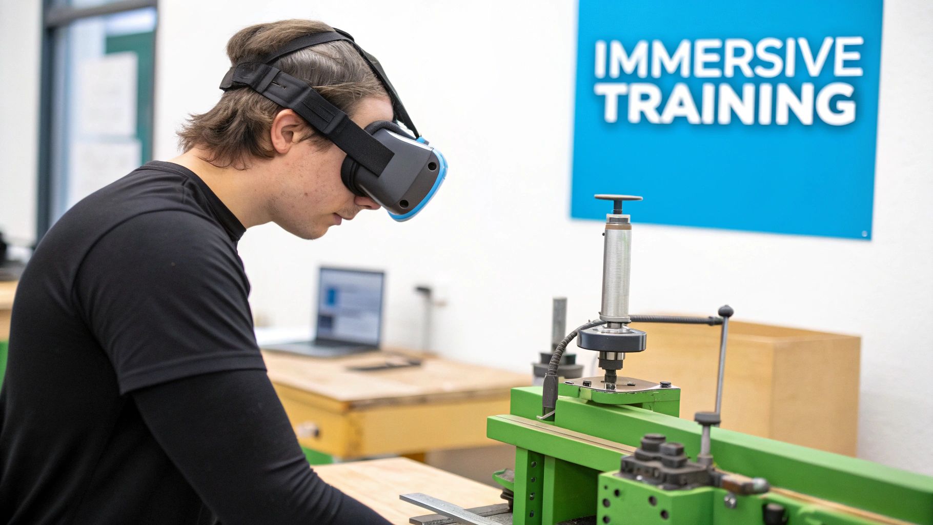 A man wearing a VR headset uses a machine in a workshop, indicating immersive training.