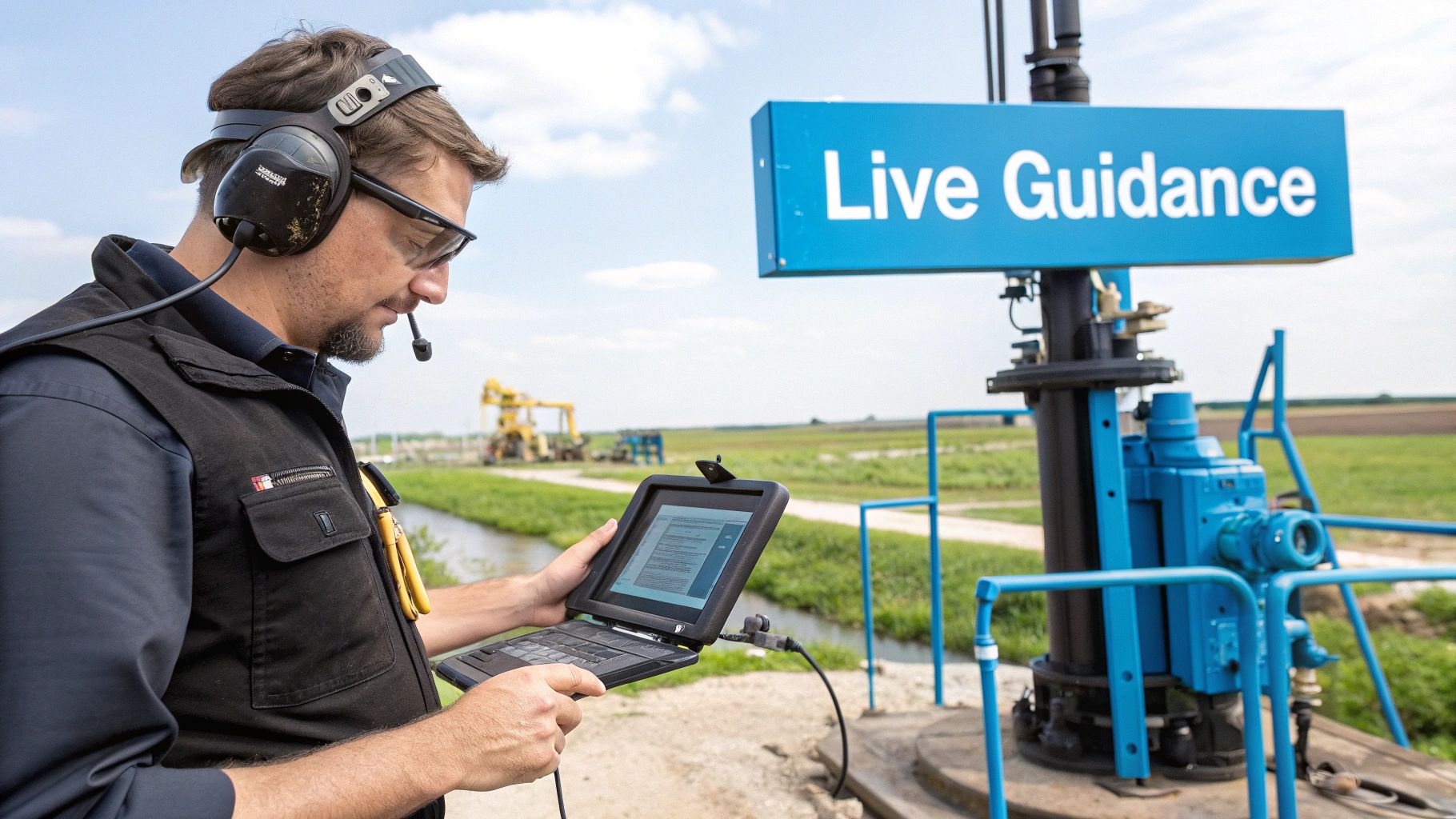 Engineer with headset and rugged tablet monitoring industrial equipment at a field site.