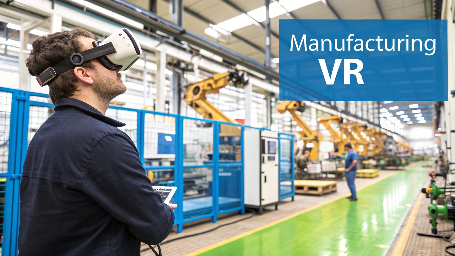 An industrial worker using a VR headset for training purposes.