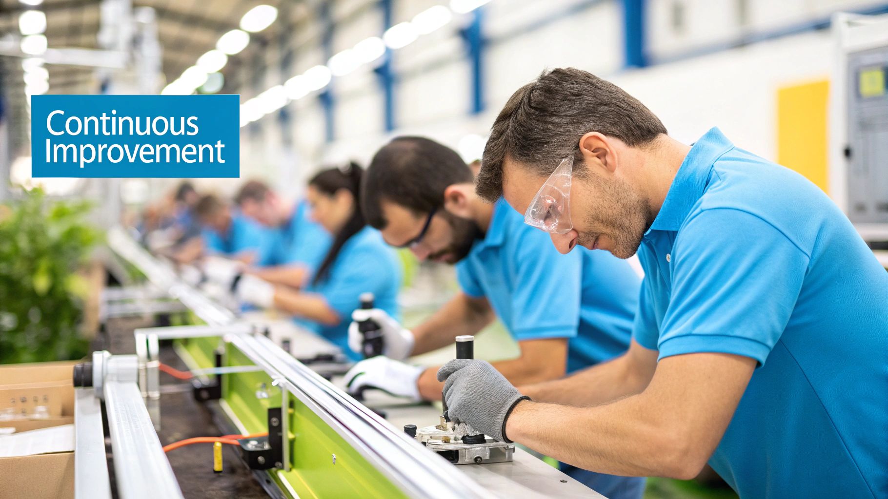 Workers in a manufacturing factory assembling products on an assembly line, with 'Continuous Improvement' text.