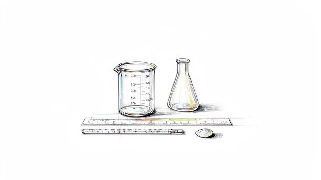 Szkic przyrządów laboratoryjnych: zlewka, kolba, linijka, termometr i szkiełko zegarkowe na białym tle.