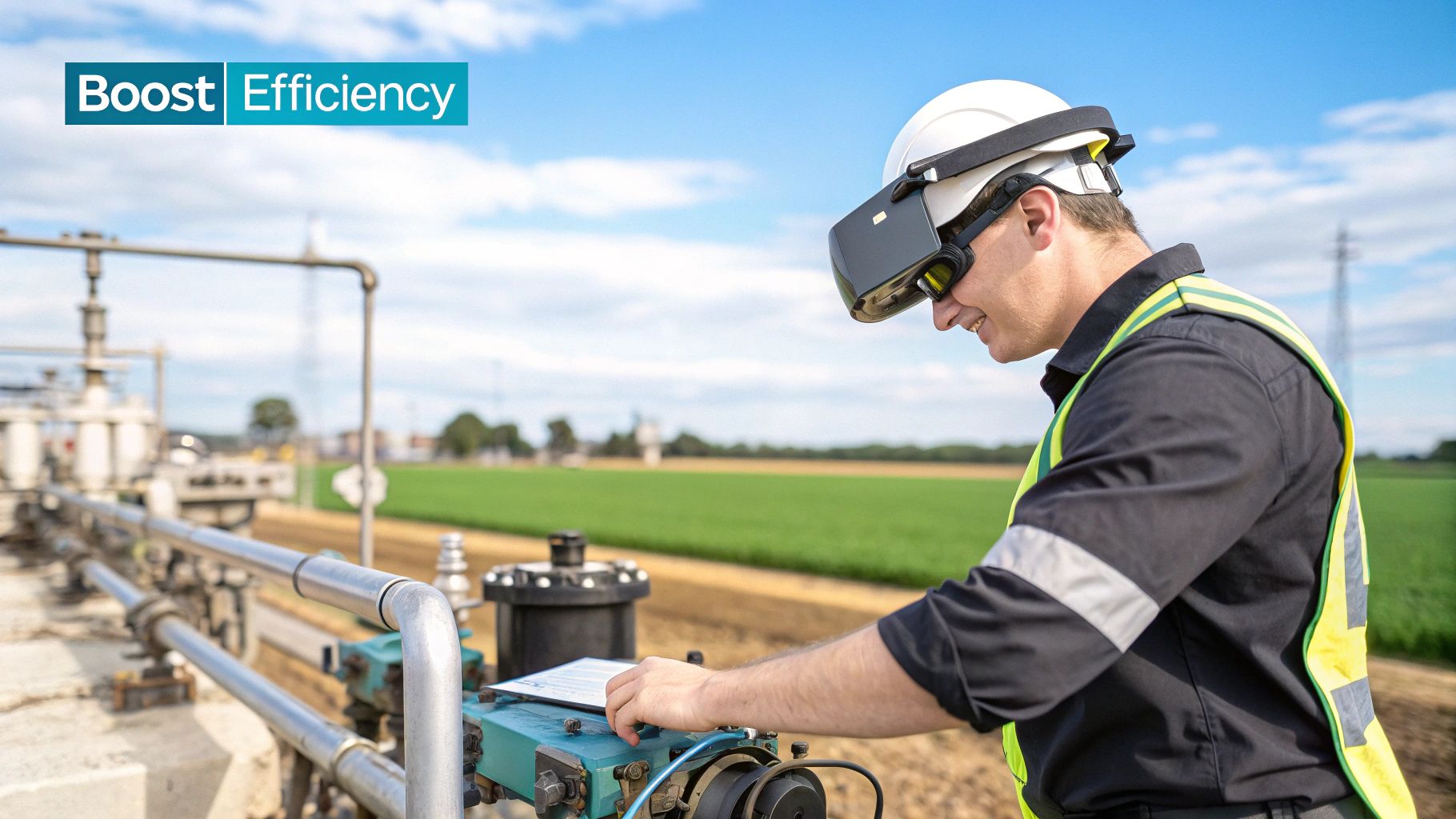An engineer wearing AR glasses interacts with a digital overlay on a piece of industrial equipment, showing data and schematics in real-time.