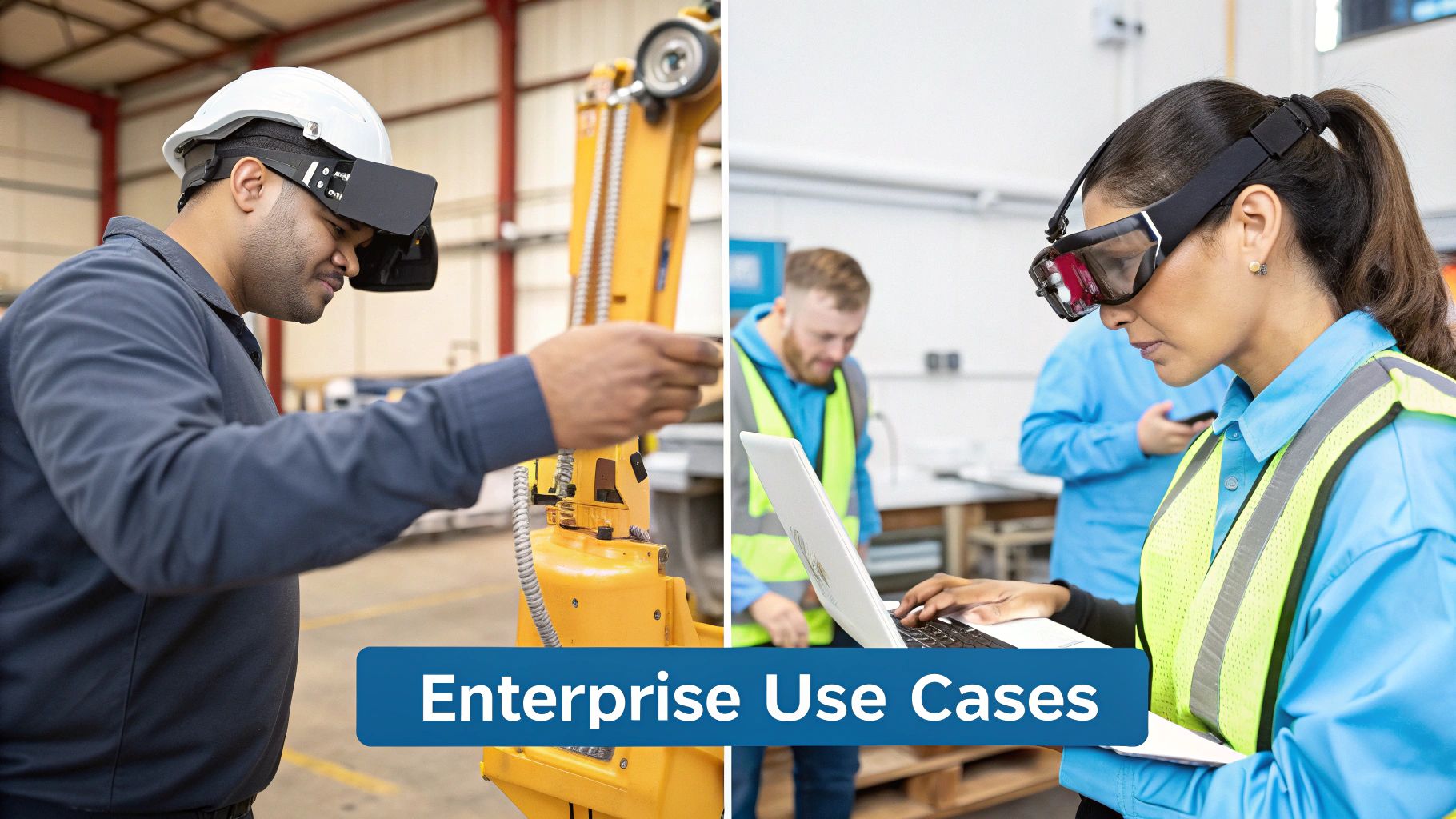 Two workers using augmented reality headsets and safety glasses in an industrial setting for enterprise tasks.