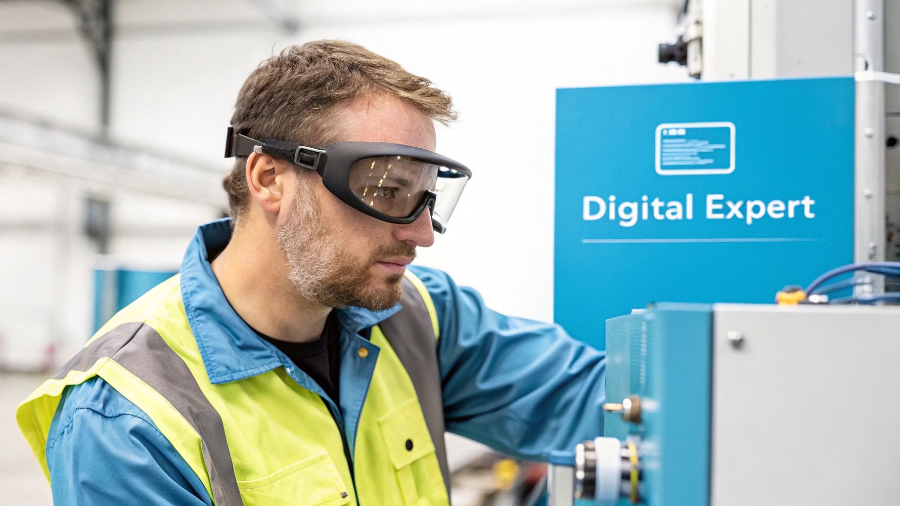 A digital expert in AR safety glasses and a vest operates machinery in a factory.