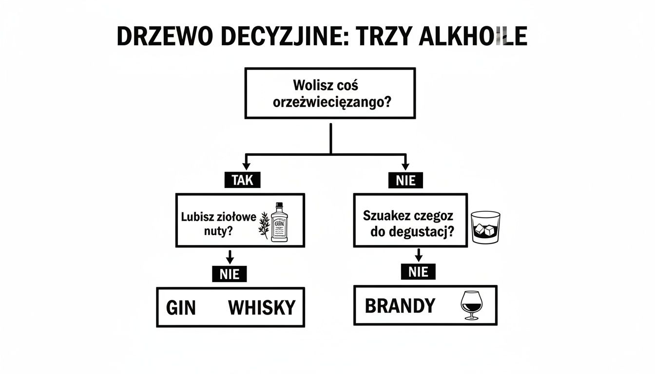 Drzewo decyzyjne w języku polskim, pomagające wybrać między ginem, whisky a brandy, bazując na preferencjach smakowych i okazji.
