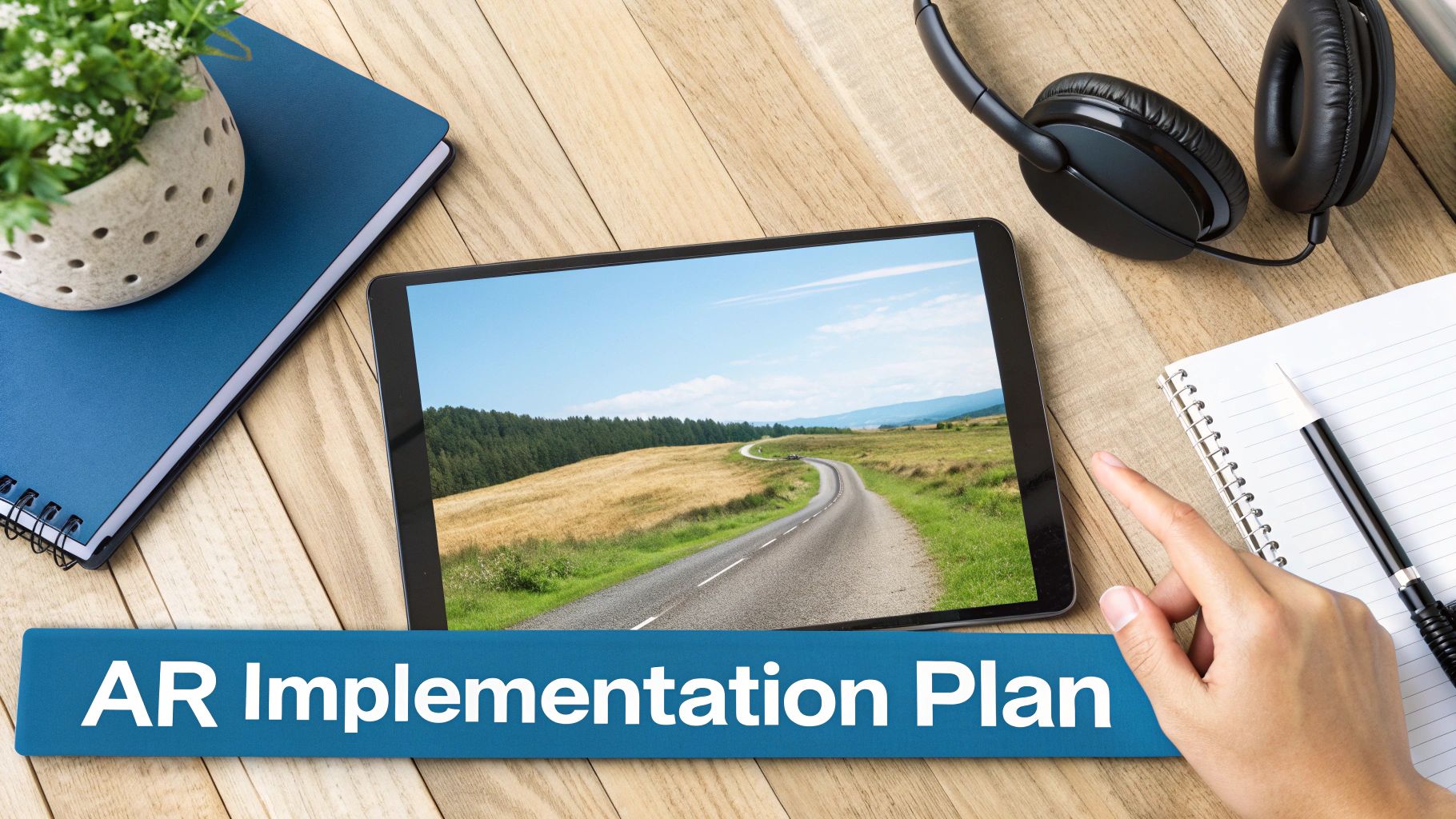 A desk with a tablet displaying a road, headphones, notebooks, and a plant. A hand points to a notebook with "AR Implementation Plan" text overlay.