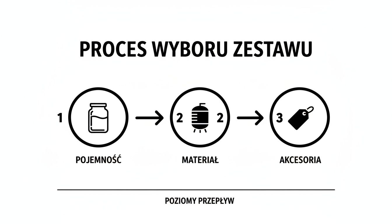 Schemat procesu wyboru zestawu, przedstawiający trzy kroki: pojemność, materiał i akcesoria.