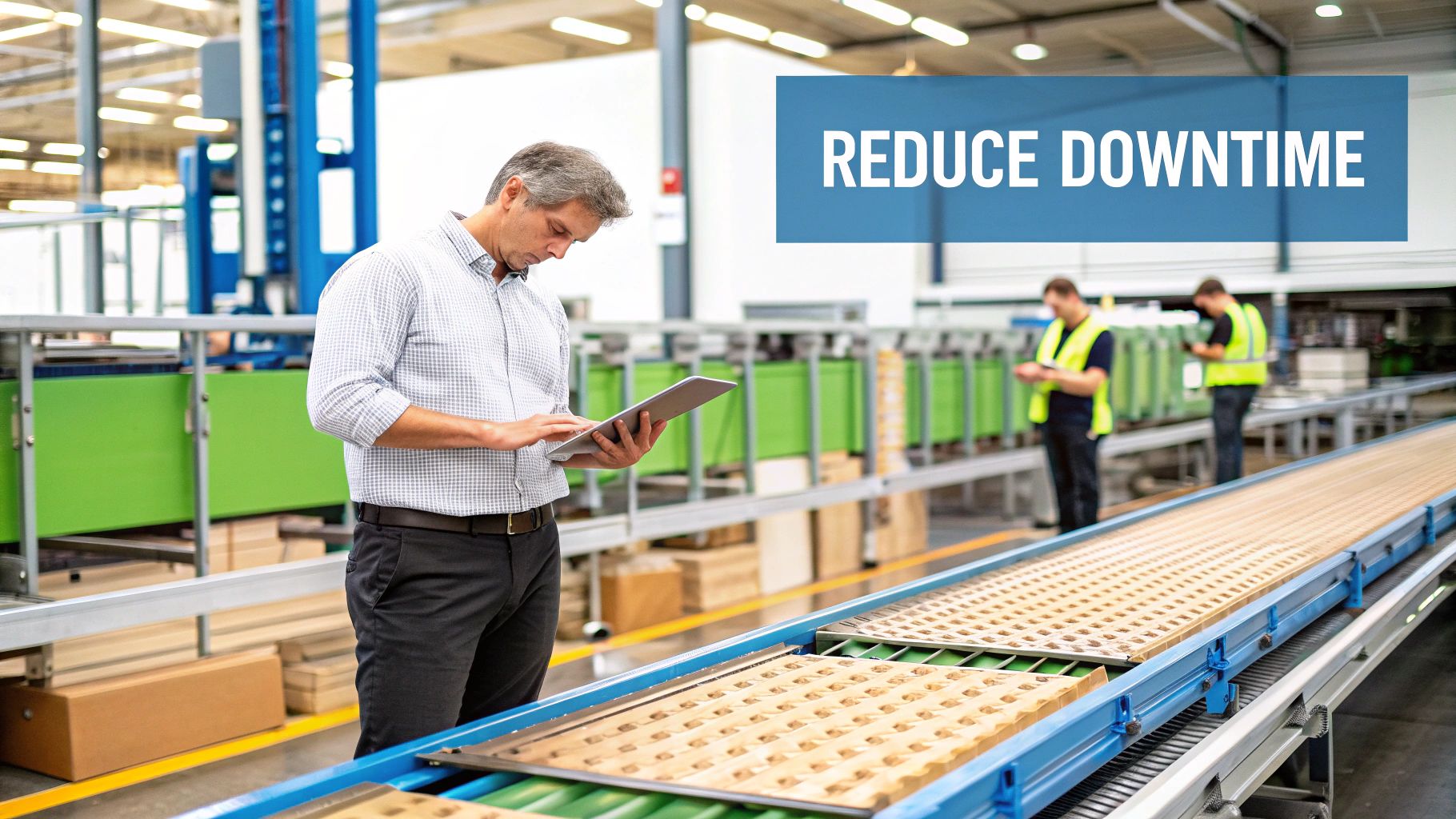 A man uses a tablet in a busy factory with a conveyor belt, overseeing operations.