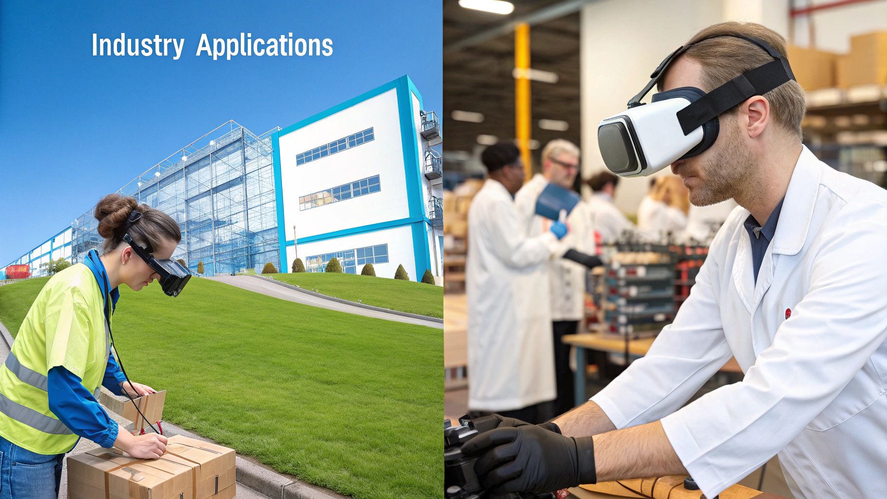 A person in a manufacturing facility using a VR headset for training on complex industrial equipment.