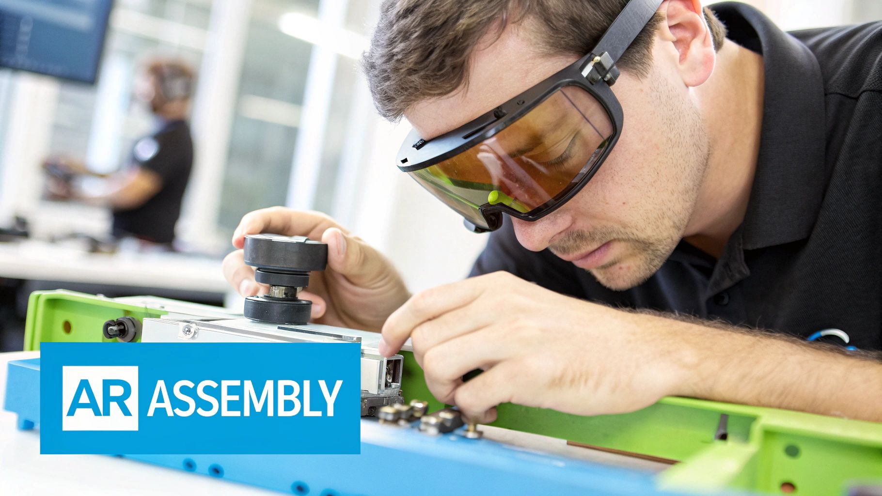 A factory worker using a tablet with AR technology to assemble a complex part.