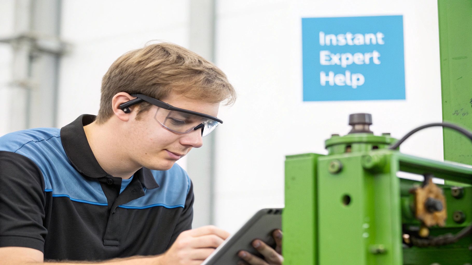 A technician wearing AR glasses receiving remote guidance on industrial machinery.
