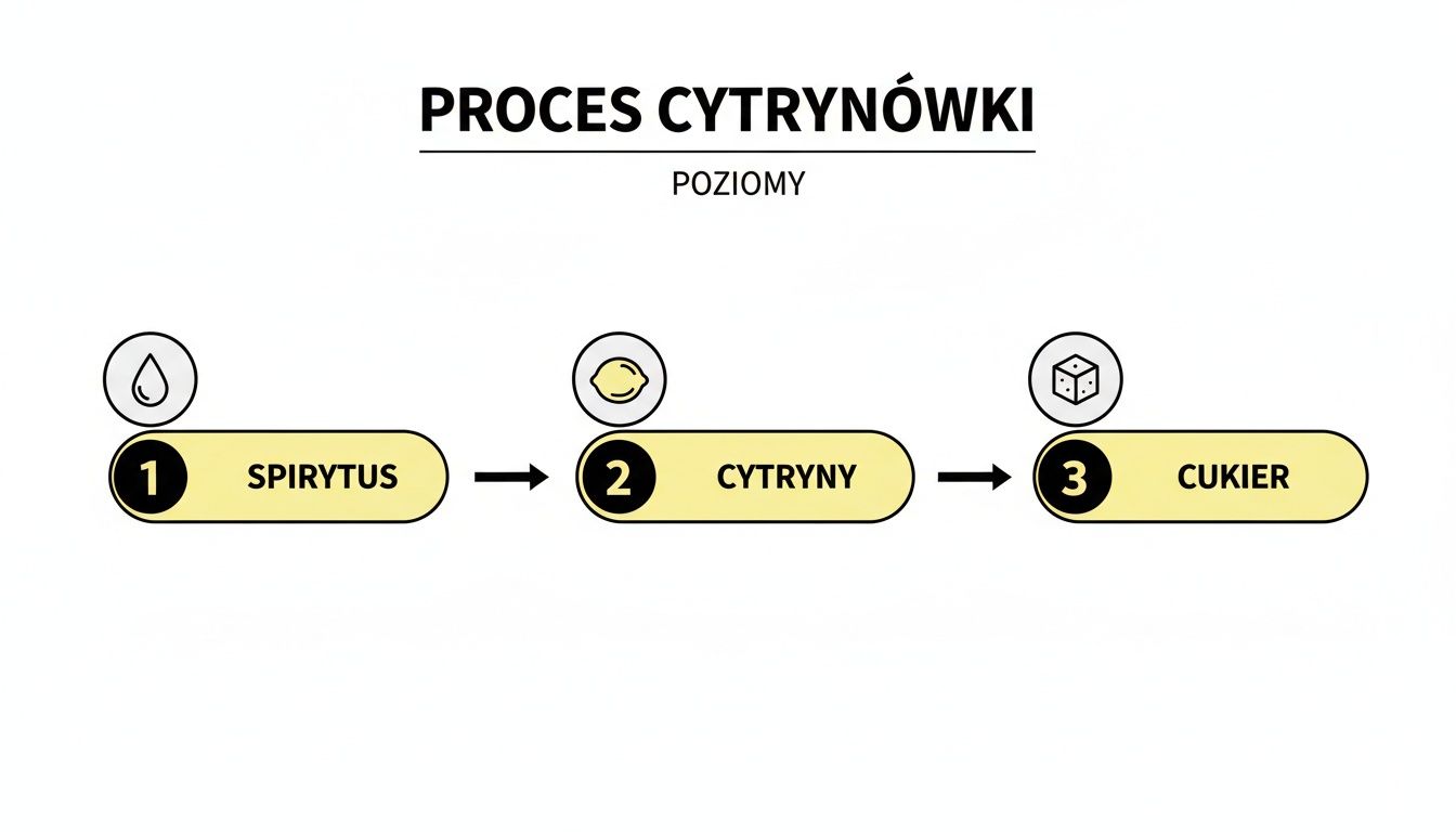 Diagram przedstawiający proces przygotowania cytrynówki, składający się ze spirytusu, cytryn i cukru.